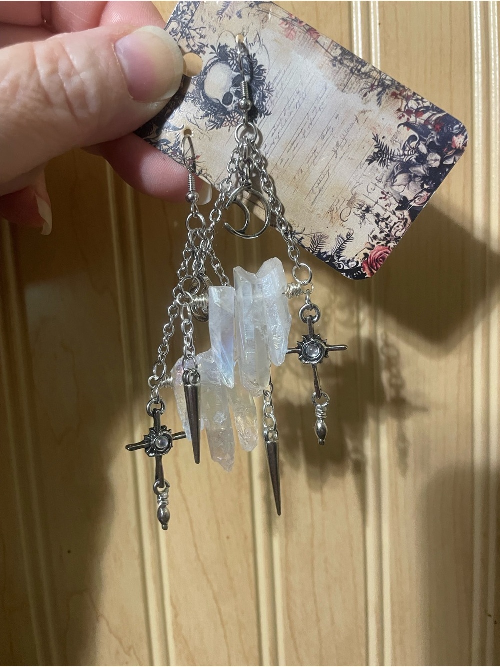 Rough Crystal Quartz Dangle Earrings with Crescent Moon Accent - Silver Tone - Picture 4 of 6